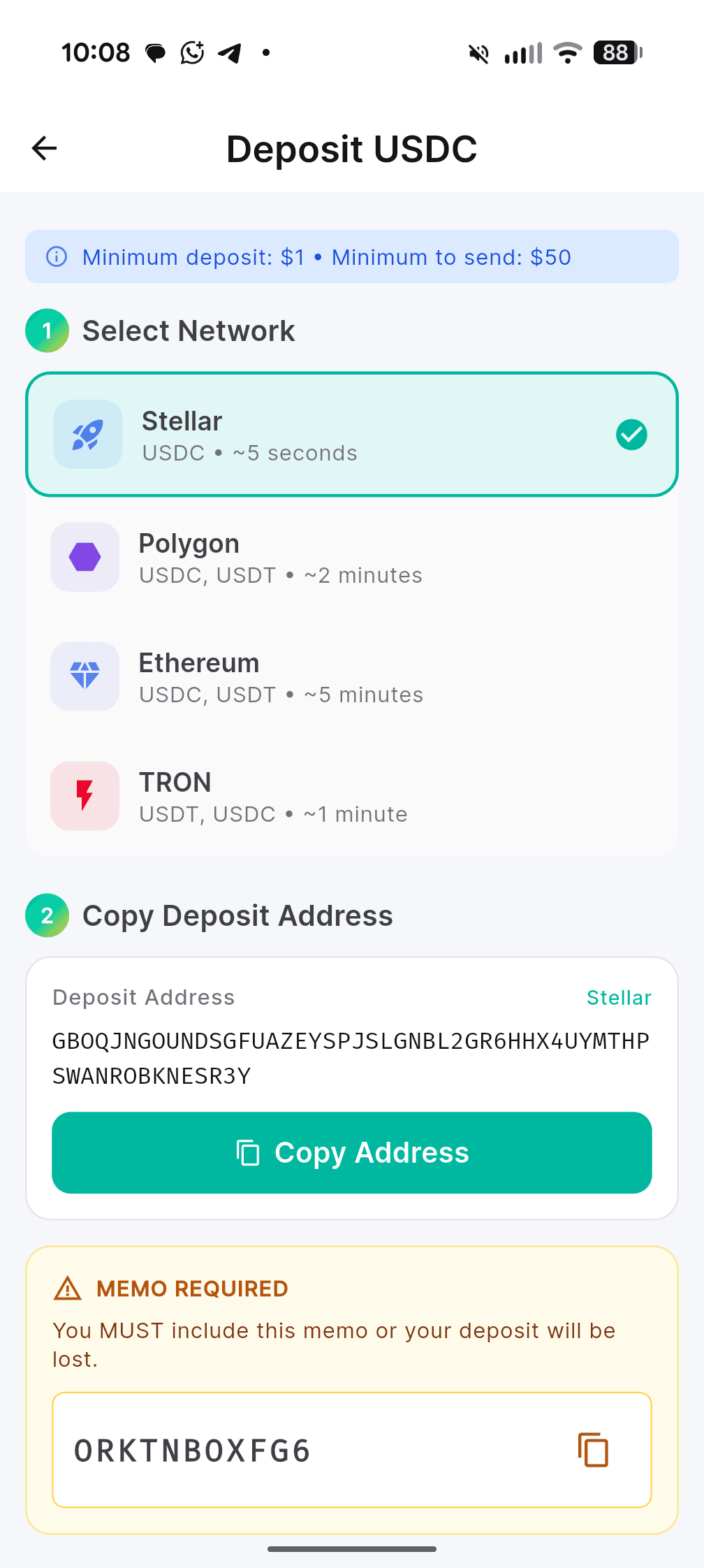 Deposit USDC screen with network selection