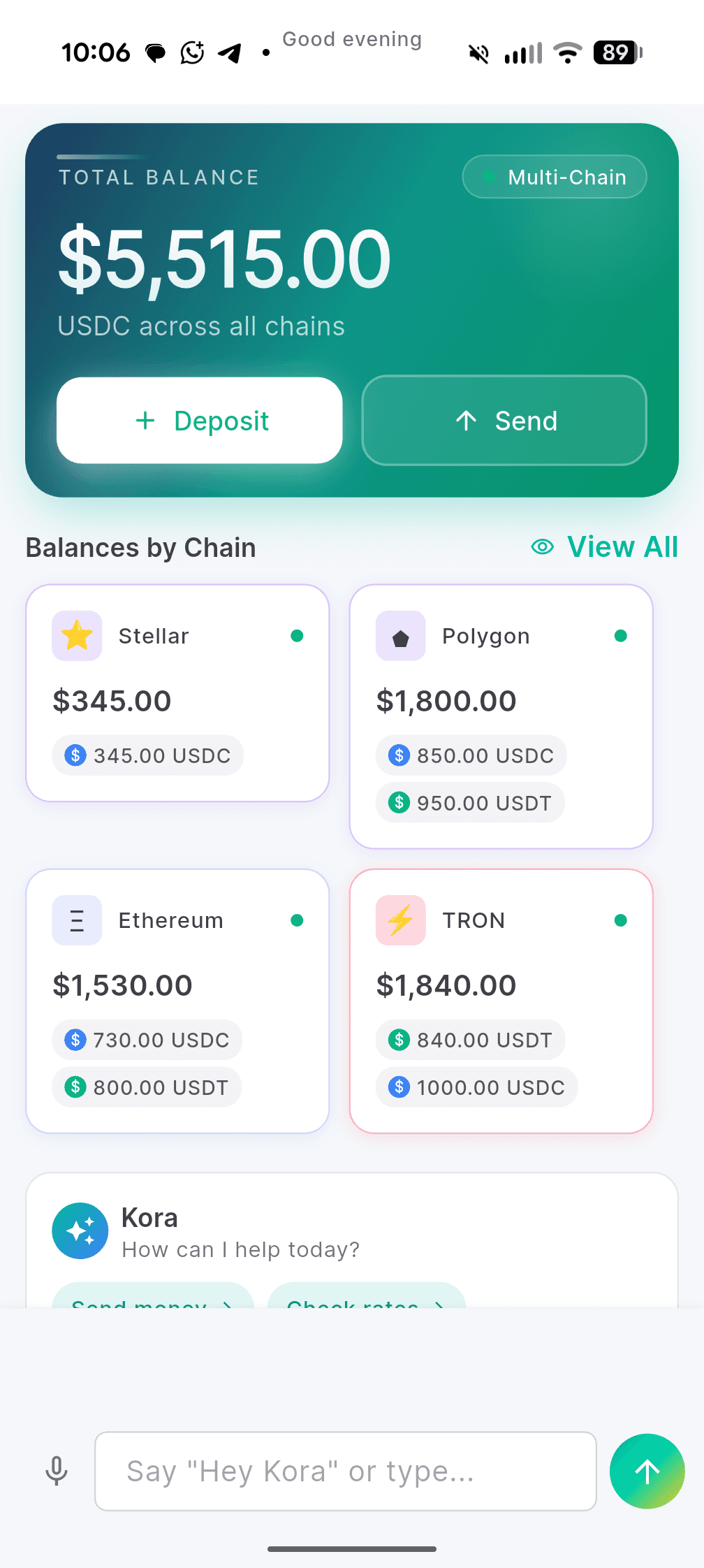 Stratum Remit app dashboard showing wallet balance, multi-chain support, and Kora AI assistant