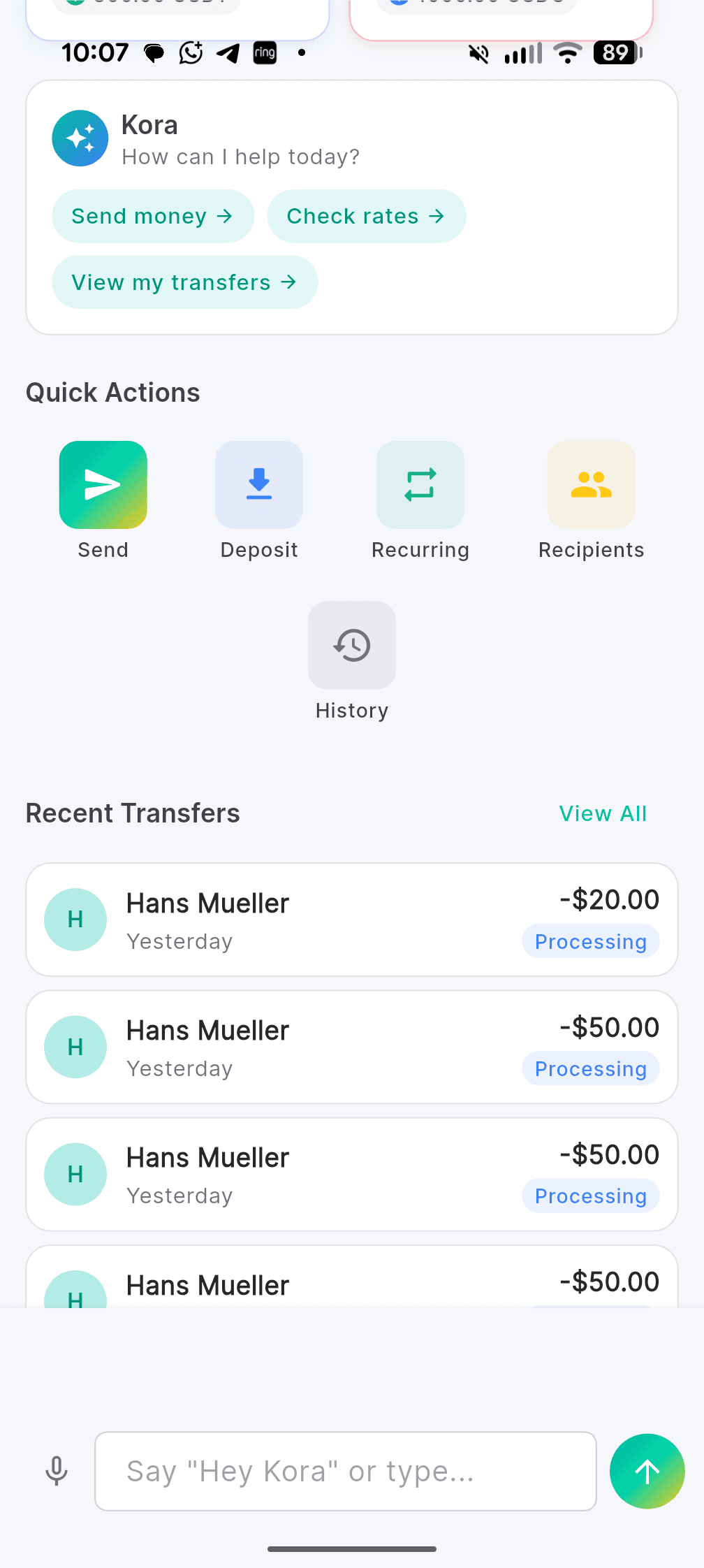 Quick actions, Kora assistant, and recent transfers